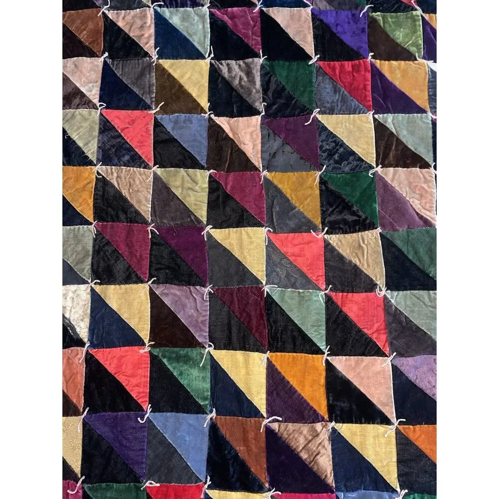 Vintage 70s Velvet Patchwork Hippie Boho Quilt Bedspread Blanket Full Sz 86”x82”